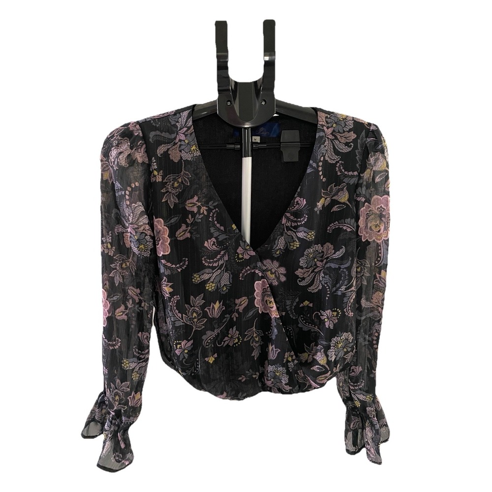 Blue Rain Ladies Blouse M Black Sparkly  Floral Snap Closure Flounce Sleeve‎